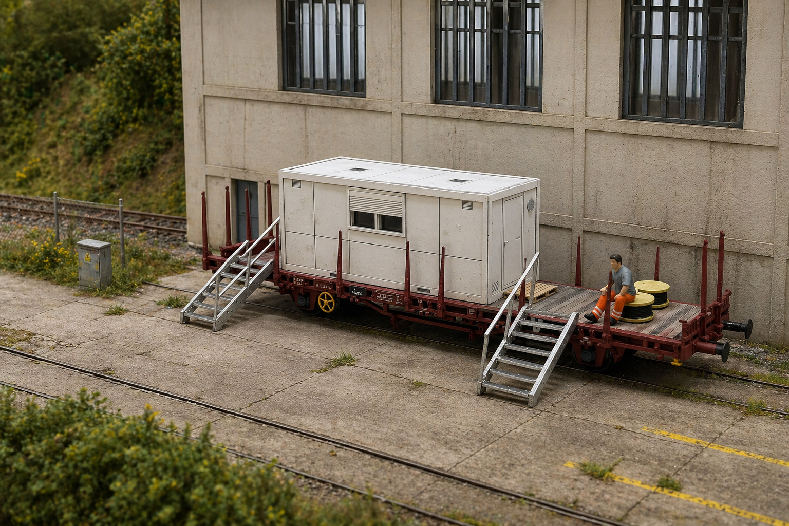 Bungalow ferroviaire HO 1/87 sur wagon plat maquette Bastrains en décor industriel SNCF