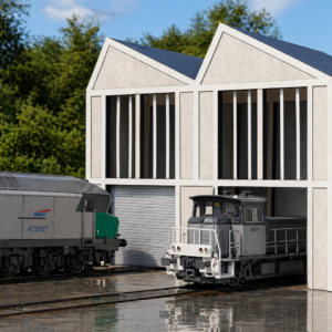 Atelier de levage bas-relief HO 1/87 maquette Bastrains avec locotracteur et locomotive SNCF