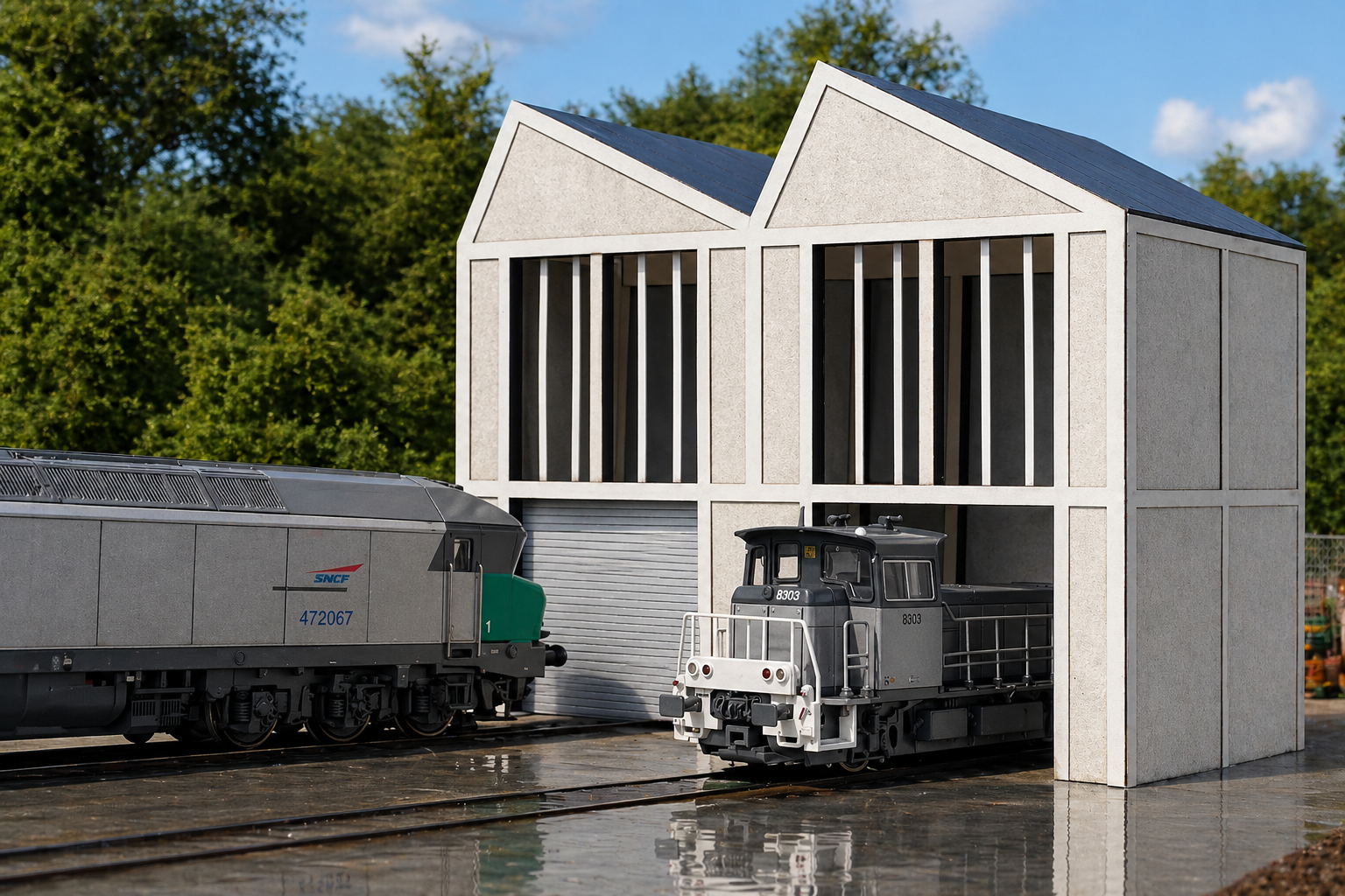 Atelier de levage bas-relief HO 1/87 maquette Bastrains avec locotracteur et locomotive SNCF