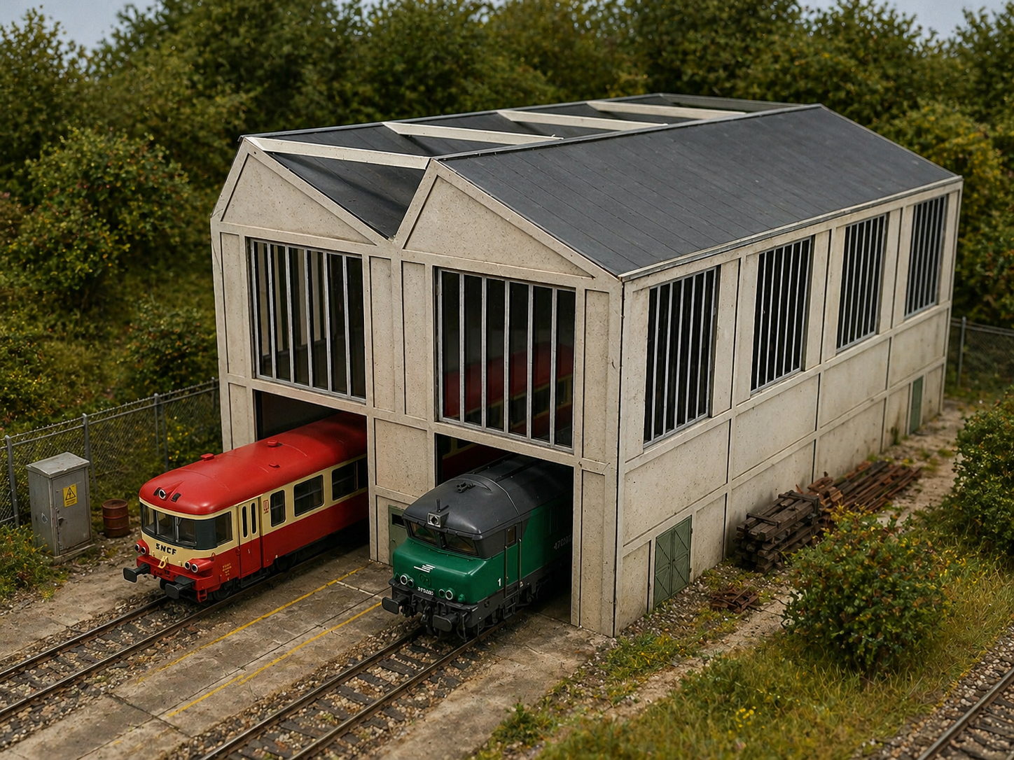 Atelier de levage HO 1/87 maquette Bastrains avec autorail et locomotive SNCF
