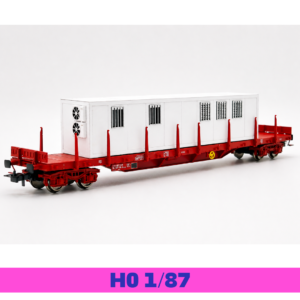 Bungalow de chantier blanc sur wagon plat rouge HO 1/87 Bastrains maquette ferroviaire miniature