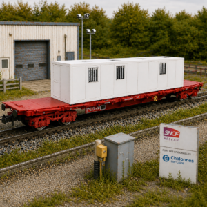 Bungalow ferroviaire 40 pieds HO 1/87 maquette Bastrains sur wagon plat SNCF Réseau