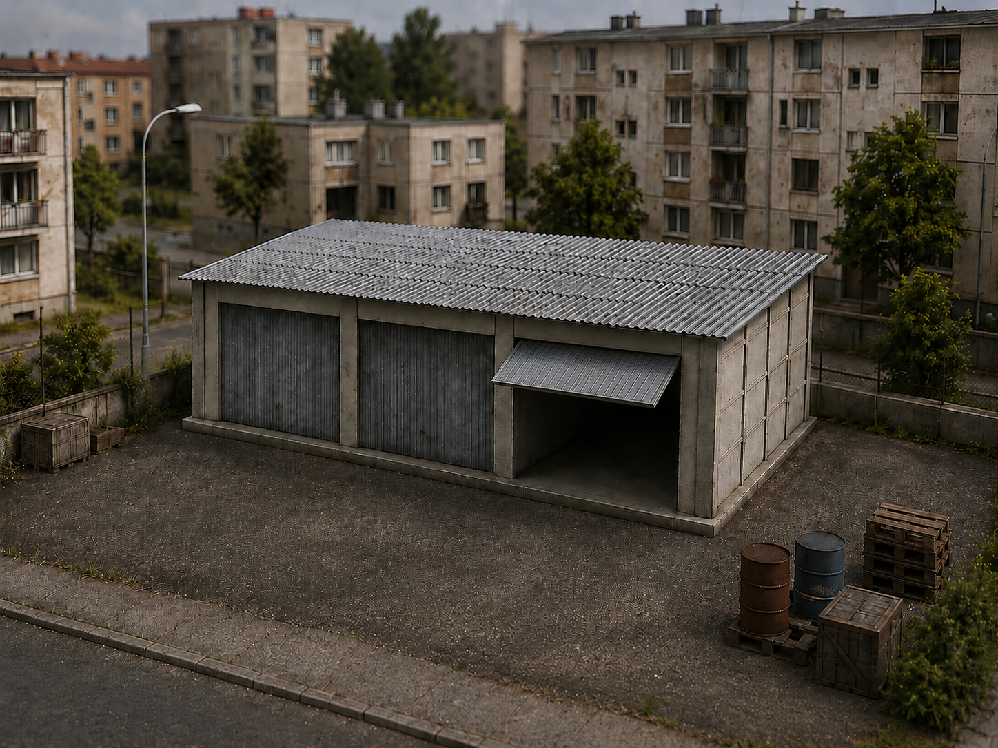 Garage préfabriqué béton HO Bastrains – kit maquette urbaine à monter