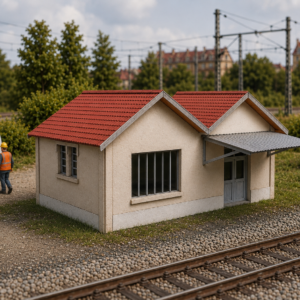 Maquette HO d’un local technique ferroviaire et industriel en carton bois découpé laser, avec toiture tuiles et auvent métallique.