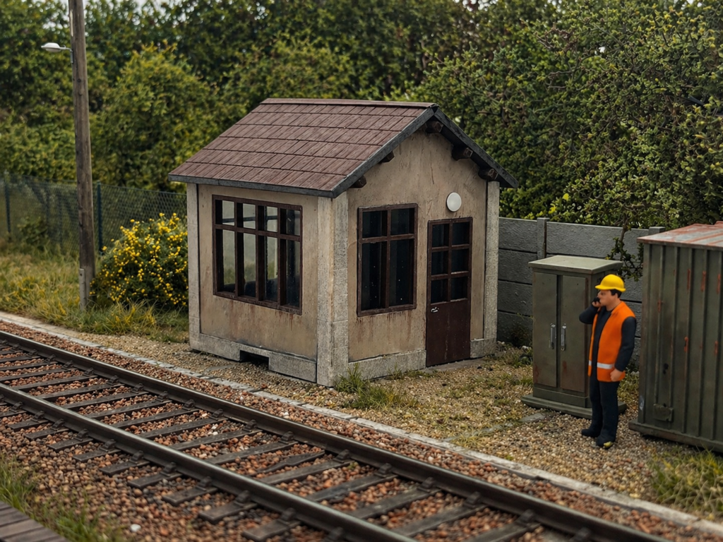 petit poste d'aiguillage ho en bord de voie avec caniveaux à câbles, regards SNCF et armoires électriques. Un agent SNCF s'occupe de la maintenance. le paysage est verdoyant 