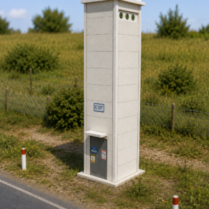 Poste de transformation EDF en béton à l’échelle HO (1/87), maquette ferroviaire miniature de type tour électrique. Kit à monter et personnaliser pour décors urbains, industriels ou ruraux.