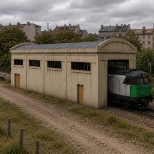 Remise longue pour locomotive HO 1/87 dans un décor ferroviaire périurbain