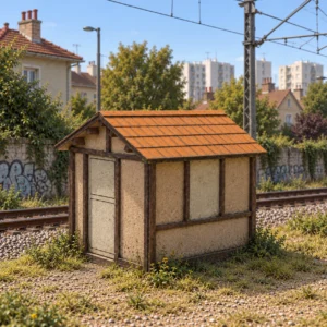 Cabanon ferroviaire HO BTHO0018 à structure métallique installé au bord des voies sur un diorama